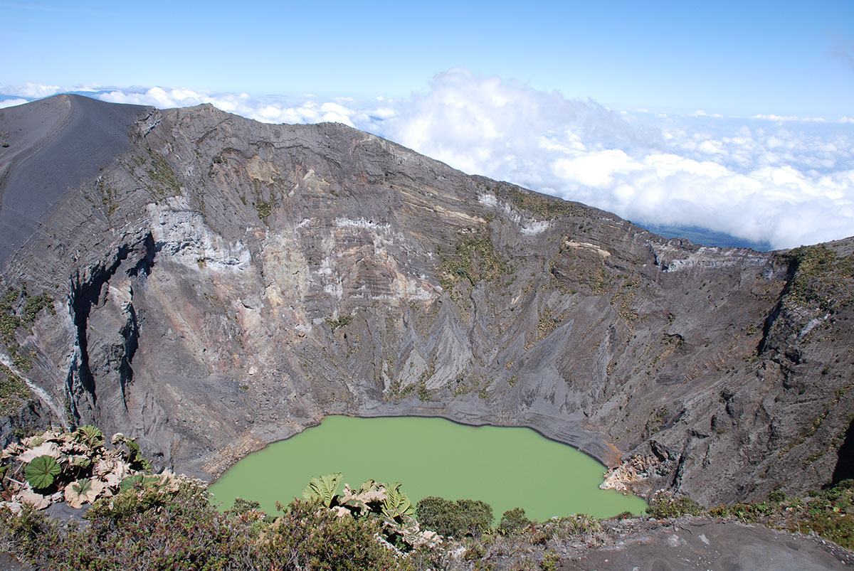 A green water filled crater at Costa Rica’s Irazú Volcano.